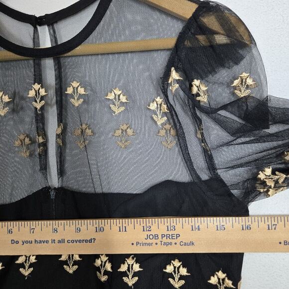 VTG Night Way Midi Dress Sz 6 Black Mesh Chiffon Handkerchief Hem Embroidered - Picture 11 of 15